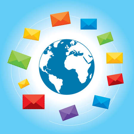 Letter envelopes representing the marketing by e-mail around the globe on a blue backgroundのイラスト素材