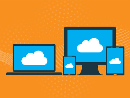 Computer, laptop, smartphone and table in access to computer data in the cloudのイラスト素材