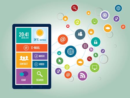 Illustration smart phone and icons of social media, communication and services on the Internetのイラスト素材