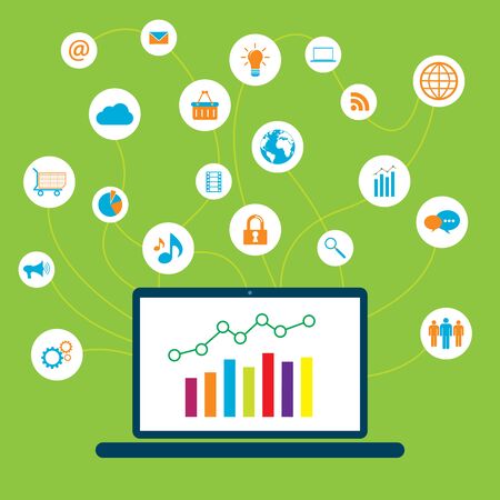 Technology of communication in social media on the Internet with graphic growth, design of iconsのイラスト素材