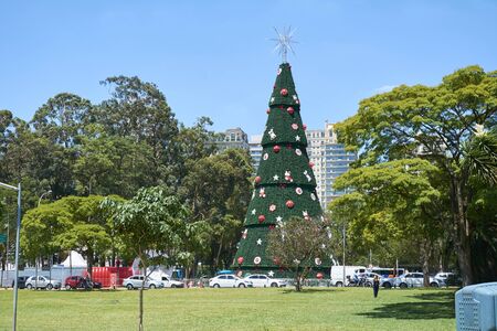 Sao Paulo, Brazil - December 6, 2016:Traditional Christmas tree in Ibirapuera, being the 15th year of the attraction in the south zone of the city of Sao Paulo. With 35 meters of height, 16 meters of diameter and a star of 8 meters in the top.のeditorial素材