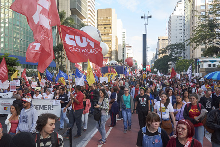 Sao Paulo, Brazil - March 31, 2017: Protest of workers against President Michel Temer, against social security reform, against corruption and against the reduction of workers' rights.のeditorial素材