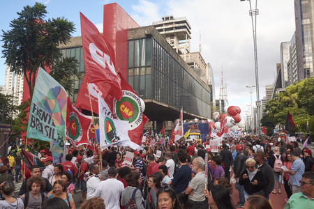 Sao Paulo, Brazil - March 31, 2017: Protest of workers against President Michel Temer, against social security reform, against corruption and against the reduction of workers' rights.のeditorial素材