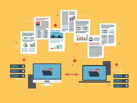 Transfer data between computer and laptop. Concept backup data and computer network. Flat vector illustration.のイラスト素材