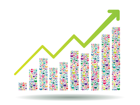 Growth chart and progress leading to success. Growth graph with people icons.のイラスト素材