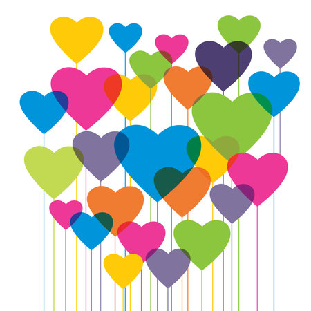 Colorful ballons with heart shape in vector illustration. Concept of love, romance, passion, feelings and emotion support. Valentine's day card in white background.のイラスト素材