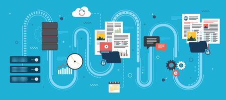 Flat design concepts for shared data, documents, videos and photos.Internet computer users download files safely. Vector design shape blue background.のイラスト素材