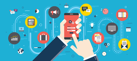 Hand holding mobile phone on login screen. Smartphone application icons connected by lines. Concept of smart communication and technology. Flat vector illustration.のイラスト素材