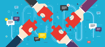 Hands holding puzzle pieces and and message icons with feedback texts. Concept of teamwork,...