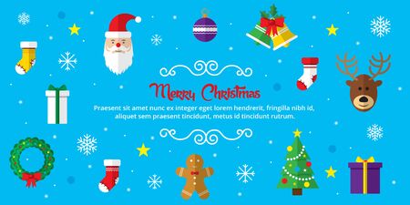 Merry Christmas background. Set of Christmas icons flat in vector illustration. Icon of bell, stocking, christmas tree, reindeer, present, Santa Claus, snowman. Template for internet and business.のイラスト素材