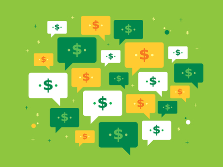 Set of speech bubbles and currency symbol on green background in vector illustration. Concept of investing, success, business, communication, rate, treasury and bank.のイラスト素材