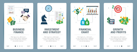 Business finance, investment and strategy, financial chart, growth and profits. Internet website banner concept with icon set. Flat design vector illustration.のイラスト素材