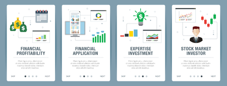Web banners concept in vector with financial profitability, financial application, expertise investment and stock market investor. Internet website banner concept with icon set. Flat design vector illustration.のイラスト素材
