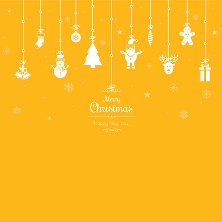 Christmas greetings ornament elements hanging in yellow background. Santa claus, christmas tree, bell, stocking, christmas tree, reindeer, present, snowman and christmas elements. Merry christmas.のイラスト素材
