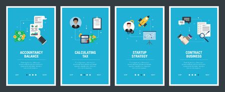 Web banners concept in vector with accountancy balance, calculating tax, startup strategy and contract business. Internet website banner concept with icon set. Flat design vector illustration.のイラスト素材