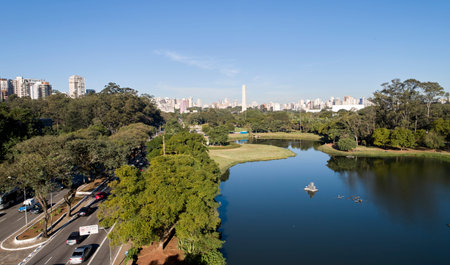 Aerial view of Ibirapuera park in Sao Paulo city and obelisk monument. Prevervetion area with trees and green area of Ibirapuera park.のeditorial素材