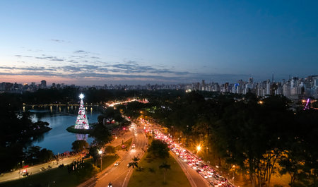 Aerial view of Sao Paulo city and traditional Christmas tree in Ibirapuera Park. Environmental preservation area with trees and green area at Ibirapuera Park in the city of Sao Paulo, Brazil.の写真素材