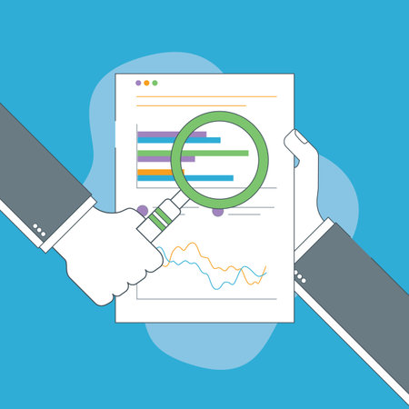 Businessman hand with magnifying glass over chart in financial report. Business analysis, accounting and business financial report concept.のイラスト素材