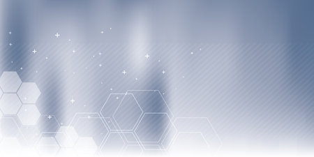 Blue vector background with hexagon shapes and parallel lines. Technology, science, communication and business background.のイラスト素材