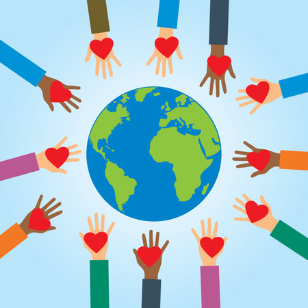 Hands of volunteers. Hands with heart in vector illustration. Charity, donation and volunteer work.Caring, love, and a good hearted community support the poor, the homeless, the disabled, and the elderly.のイラスト素材