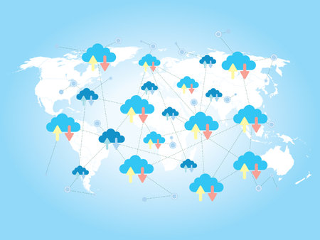 Cloud computing concept, database connection, server database. Drawing of world map, background in vector illustration.Flat design vector.のイラスト素材