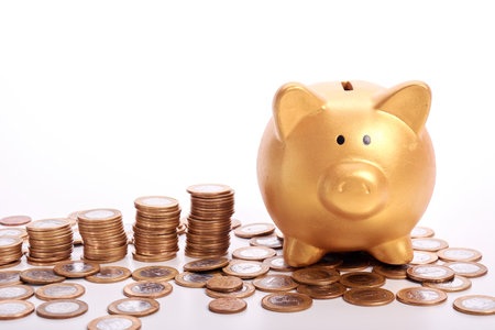 Golden piggy bank with savings in coins of the Brazilian money on white backgroundの写真素材