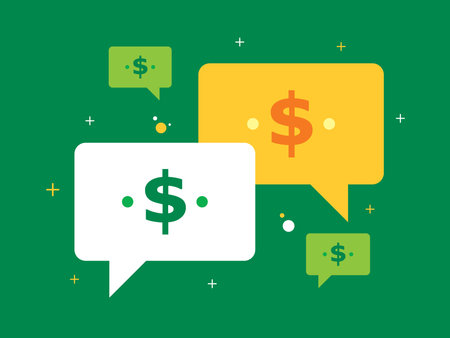 Speech bubbles with currency symbol, and dollar symbols on green background in vector illustration. Concept of finance, investment, wealth, business, economics, rate, treasury and bank.のイラスト素材