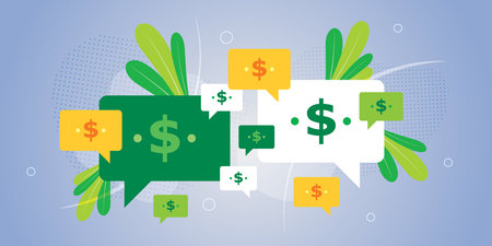 Speech bubbles and currency symbol on purple background in vector illustration. Concept of investing, success, business, communication, rate, treasury and bank.のイラスト素材