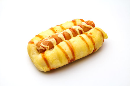 An isolated hot dog on white backgroundの写真素材