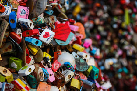 SEOUL, SOUTH KOREA - OCT 13: Love padlocks at N Seoul Tower on October 13, 2014 in Seoul South Koreaのeditorial素材