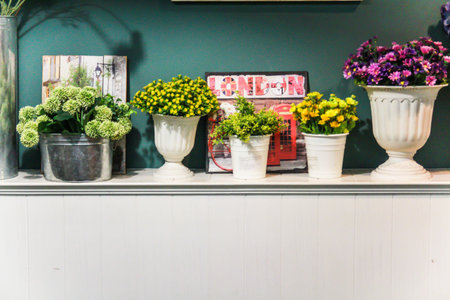 Bouquet of flowers on a shelfの写真素材