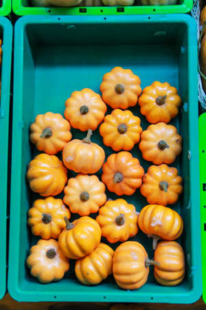 Pumpkin in a plastic basketの写真素材