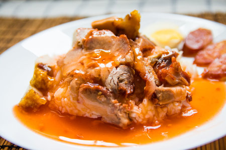 Barbecued red pork and crispy pork in sauce with riceの写真素材