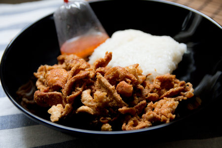 Crispy Chicken Skin with wooden textureの写真素材