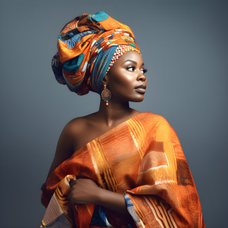Beautiful african woman in turban and orange shawlの素材