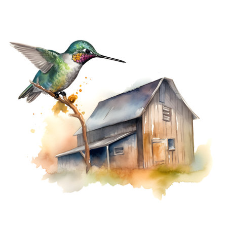 Watercolor illustration of a Hummingbird and a wooden house.の素材