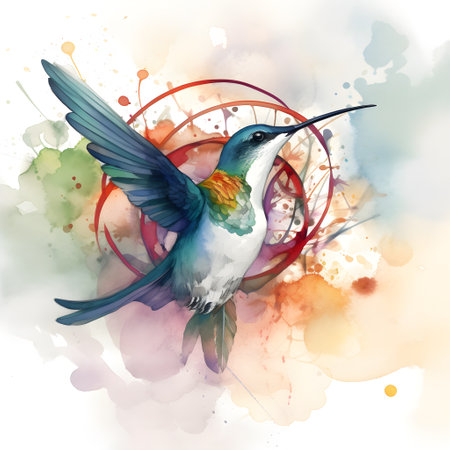 Watercolor painting of a colibri bird on watercolor backgroundの素材