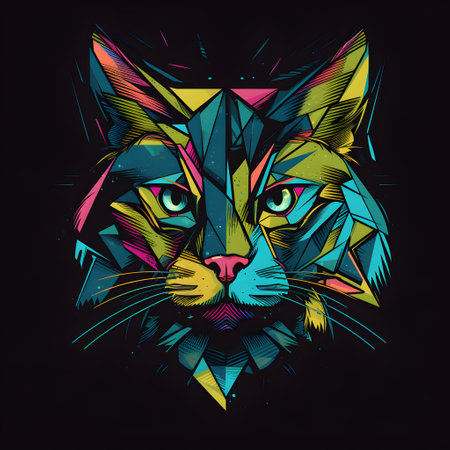 Colorful abstract cat head on a black background. Vector illustration.の素材