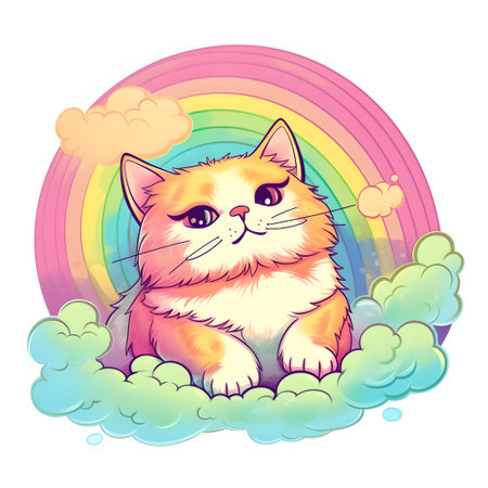 Cute cat sitting on the cloud with rainbow. Vector illustration.の素材