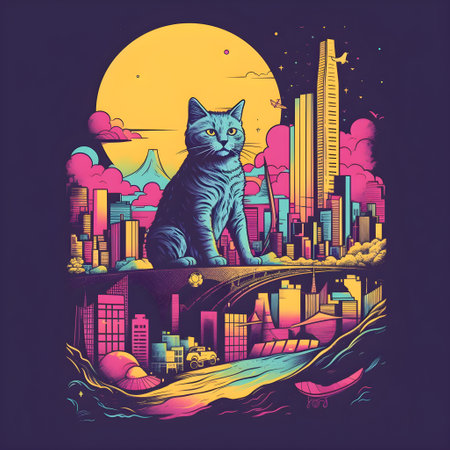 Cat in the city on the background of the moon. Vector illustration.の素材