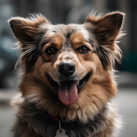 Portrait of a cute mixed breed dog sitting on the street. AI Generatedの素材