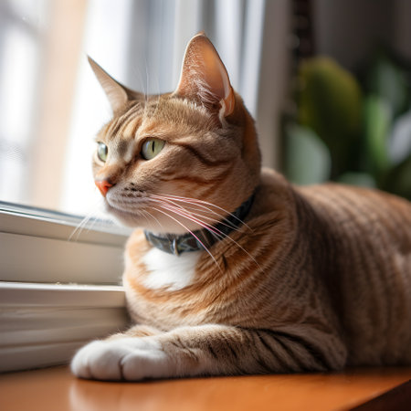 Cute tabby cat lying on the windowsill and looking out the windowの素材