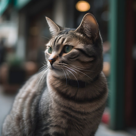 Portrait of a tabby cat with green eyes in a cafeの素材