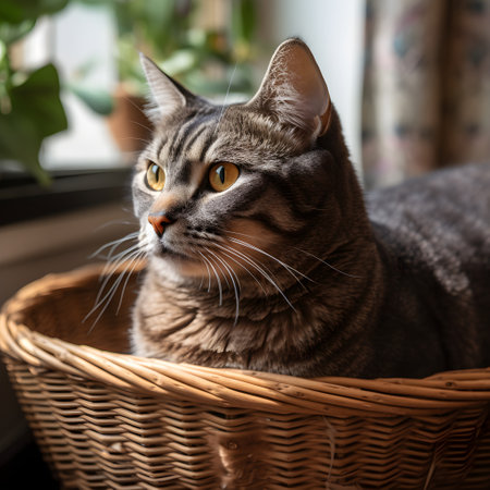 Portrait of a tabby cat in a wicker basket.の素材