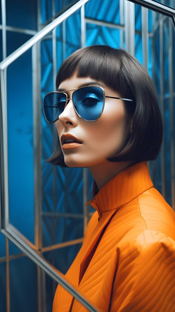 Fashionable young woman in orange jacket and sunglasses. Studio shot.の素材