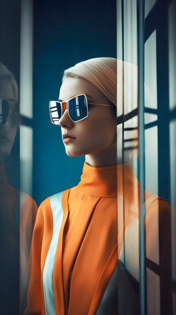 Fashion shot of a beautiful woman in orange clothes and sunglasses. Optics style.の素材
