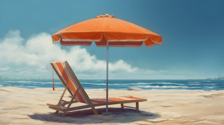 Beach chair and umbrella on the beach. 3d illustration.の素材