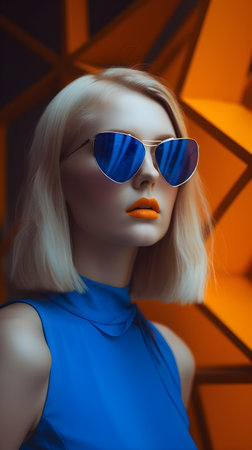 Fashion shot of a beautiful blonde woman in blue dress and sunglassesの素材