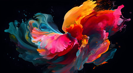 Colorful paint splashes isolated on black background. Abstract art.の素材