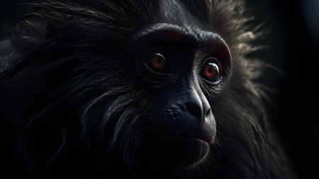 Portrait of a black monkey on a dark background close-upの素材